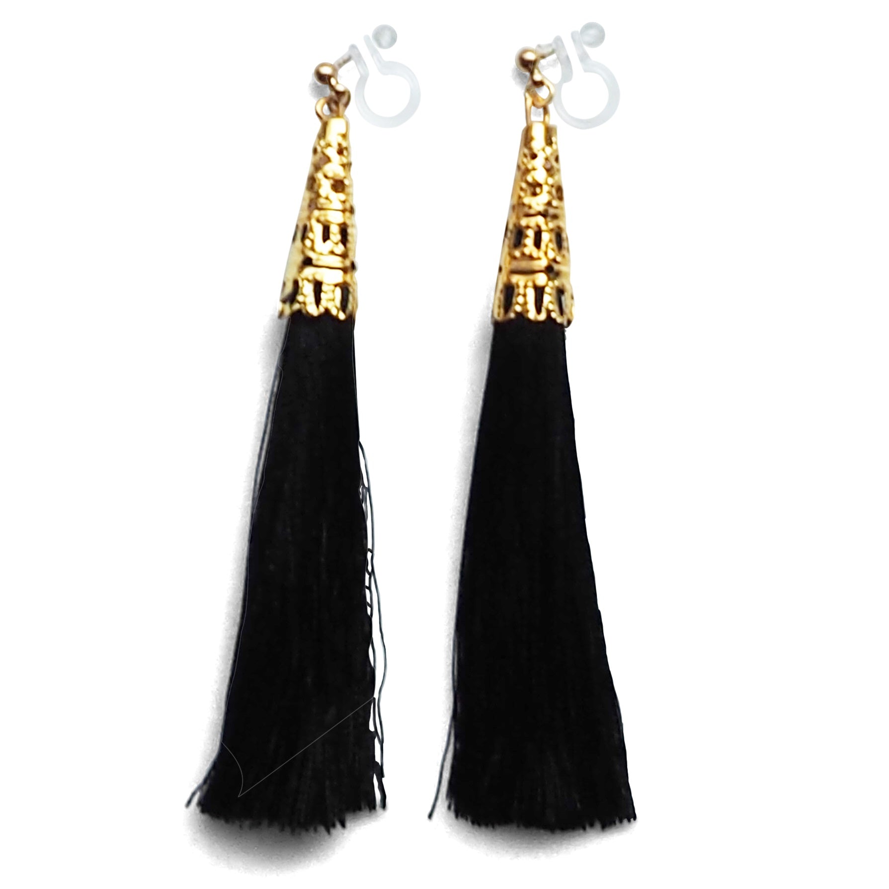 Long Black Tassel Invisible Clip On Earrings - Miyabi Grace