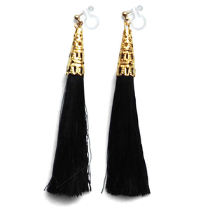 Long Black Tassel Invisible Clip On Earrings - Miyabi Grace