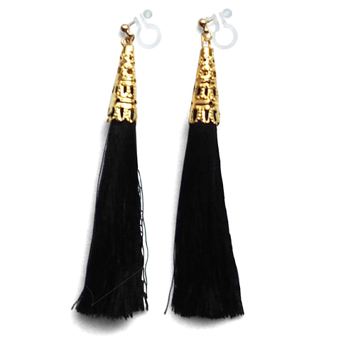 Long Black Tassel Invisible Clip On Earrings - Miyabi Grace