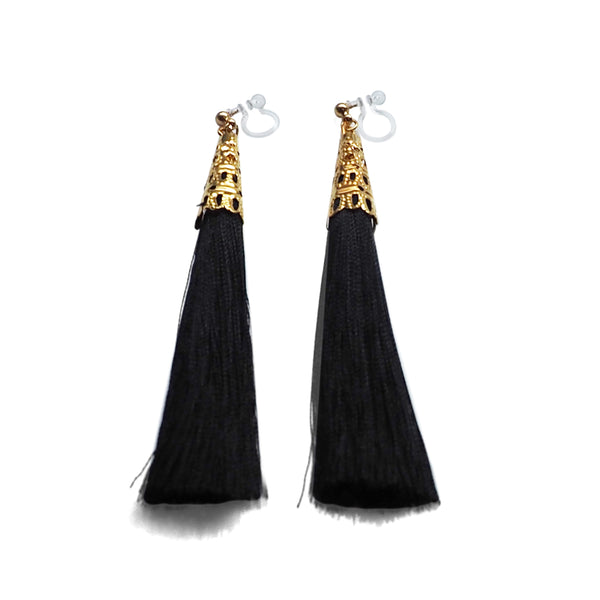 Long Black Tassel Invisible Clip On Earrings - Miyabi Grace