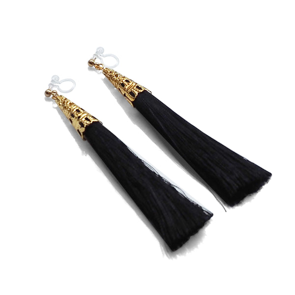 Long Black Tassel Invisible Clip On Earrings - Miyabi Grace