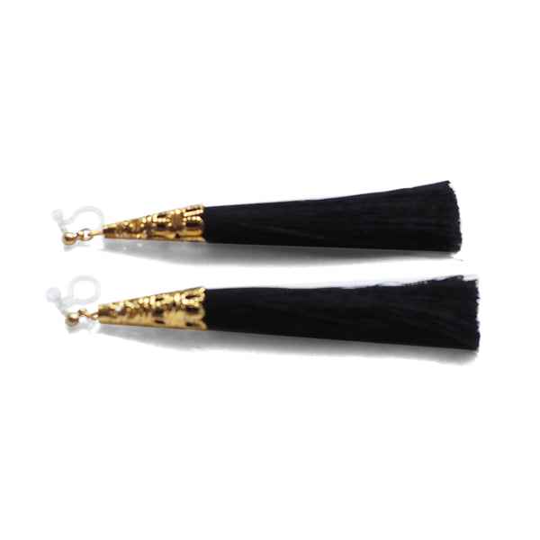 Long Black Tassel Invisible Clip On Earrings - Miyabi Grace