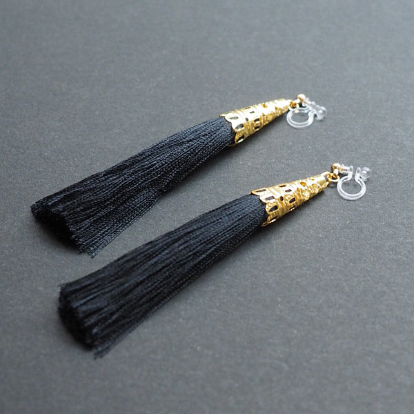Long Black Tassel Invisible Clip On Earrings - Miyabi Grace