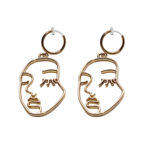Gold human face clip on hoop earrings - Miyabi Grace
