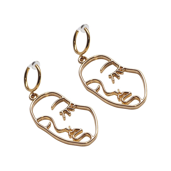 Gold human face clip on hoop earrings - Miyabi Grace