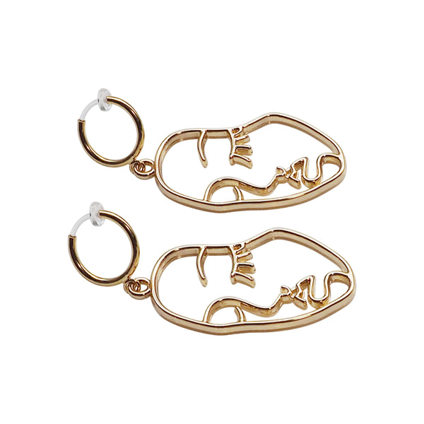 Gold human face clip on hoop earrings - Miyabi Grace