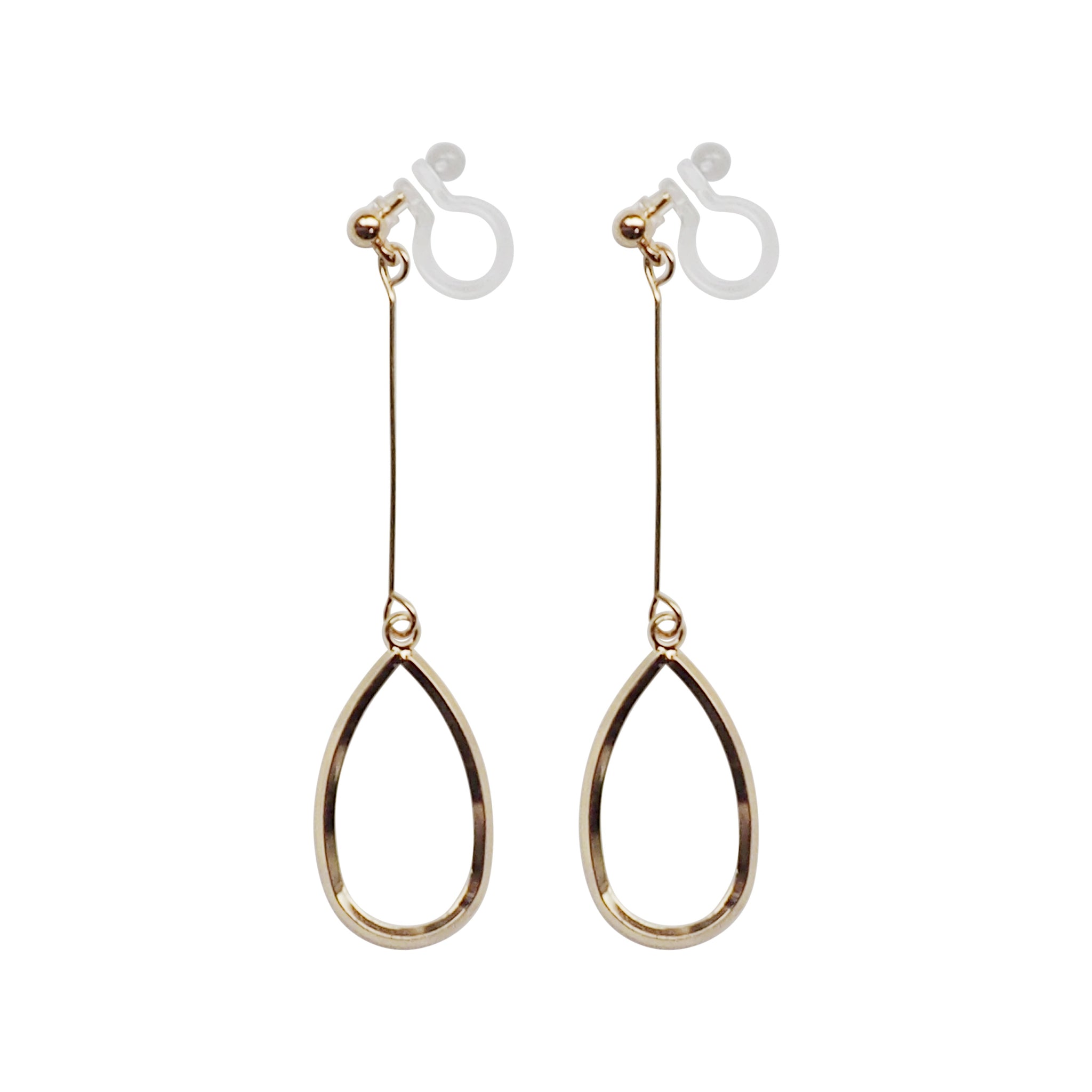 Gold teardrop hoop dangle invisible clip on earrings - Miyabi Grace