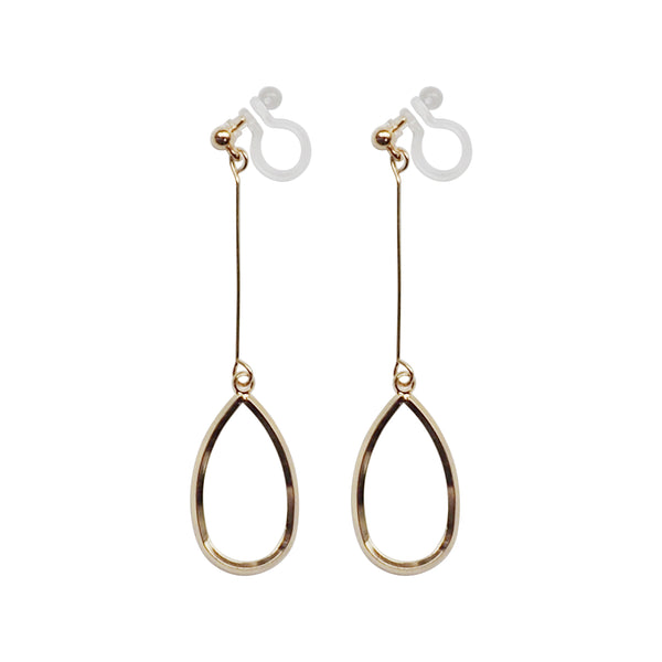 Gold teardrop hoop dangle invisible clip on earrings - Miyabi Grace