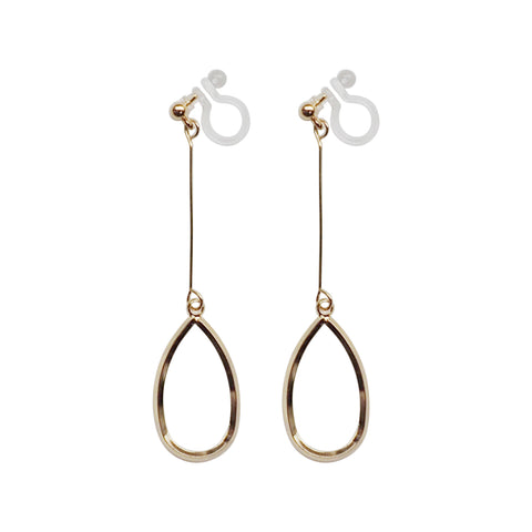 Gold teardrop hoop dangle invisible clip on earrings - Miyabi Grace