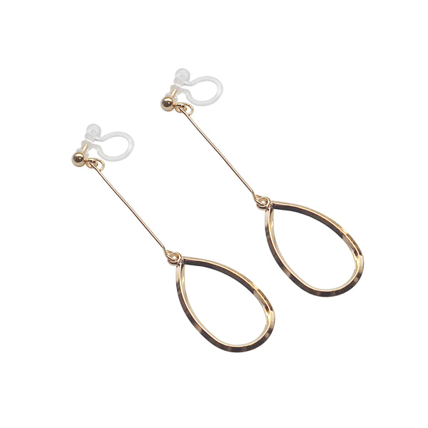 Gold teardrop hoop dangle invisible clip on earrings - Miyabi Grace