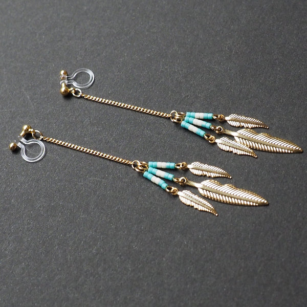 Long feather motif invisible clip on earrings ( Gold tone ) - Miyabi Grace