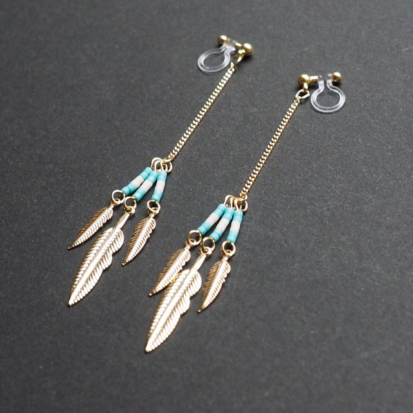 Long feather motif invisible clip on earrings ( Gold tone ) - Miyabi Grace