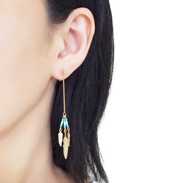 Long feather motif invisible clip on earrings ( Gold tone ) - Miyabi Grace