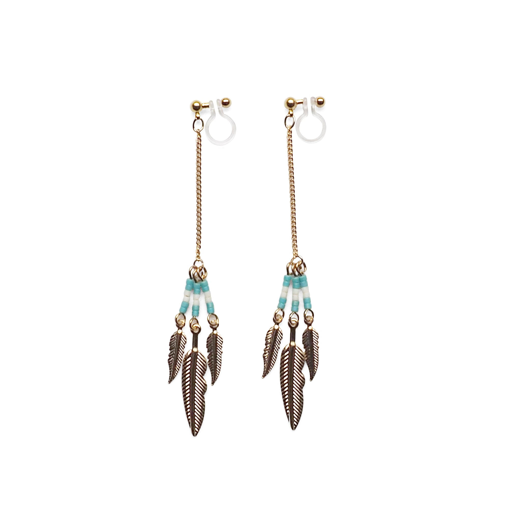 Long feather motif invisible clip on earrings ( Gold tone ) - Miyabi Grace