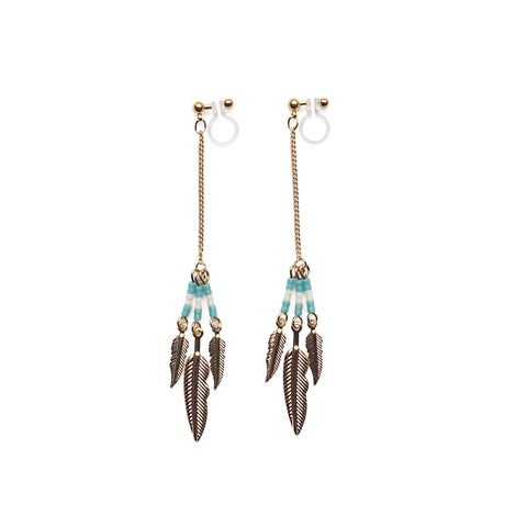 Long feather motif invisible clip on earrings ( Gold tone ) - Miyabi Grace
