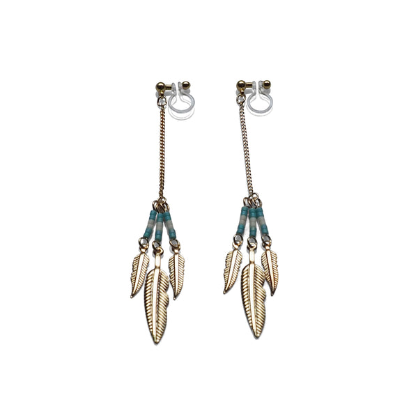 Long feather motif invisible clip on earrings ( Gold tone ) - Miyabi Grace