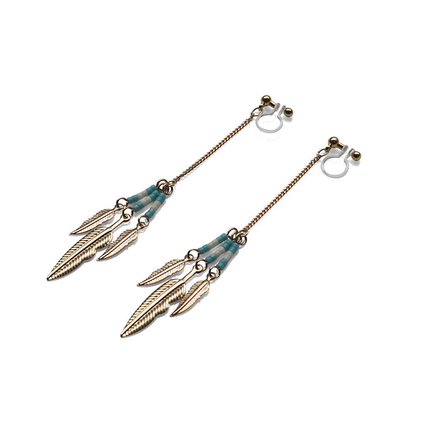 Long feather motif invisible clip on earrings ( Gold tone ) - Miyabi Grace