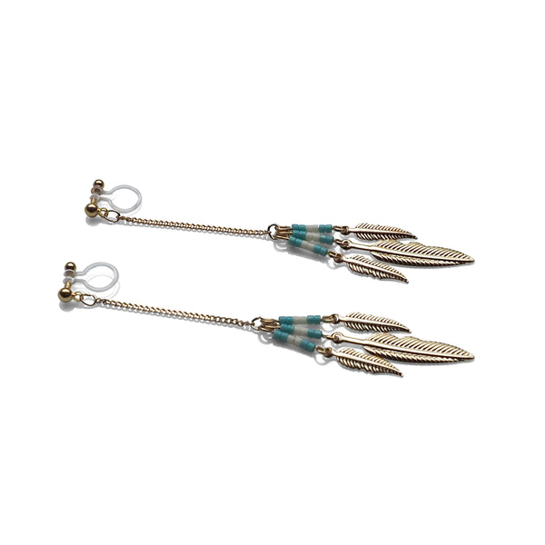 Long feather motif invisible clip on earrings ( Gold tone ) - Miyabi Grace