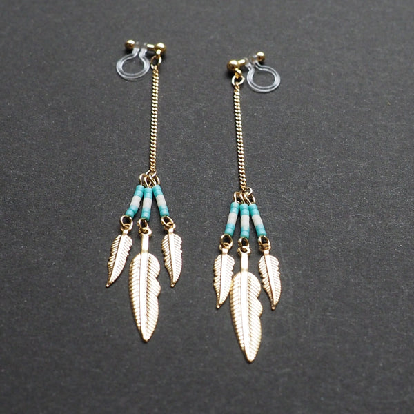 Long feather motif invisible clip on earrings ( Gold tone ) - Miyabi Grace