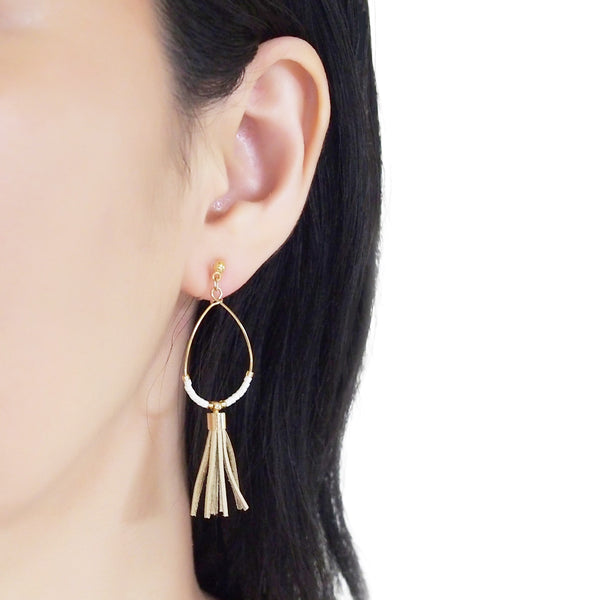 Hoop and beige tassel invisible clip on earrings ( Gold tone ) - Miyabi Grace
