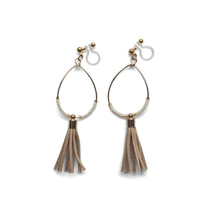 Hoop and beige tassel invisible clip on earrings ( Gold tone ) - Miyabi Grace