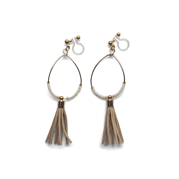 Hoop and beige tassel invisible clip on earrings ( Gold tone ) - Miyabi Grace