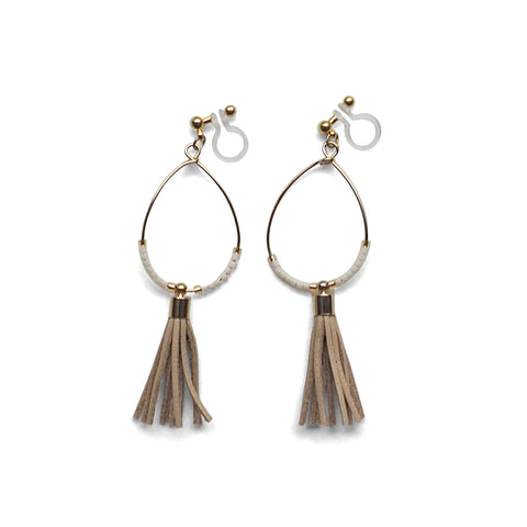 Hoop and beige tassel invisible clip on earrings ( Gold tone ) - Miyabi Grace