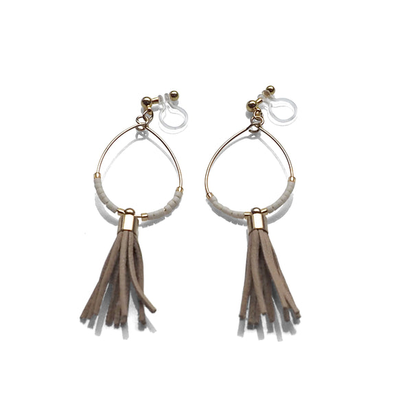 Hoop and beige tassel invisible clip on earrings ( Gold tone ) - Miyabi Grace