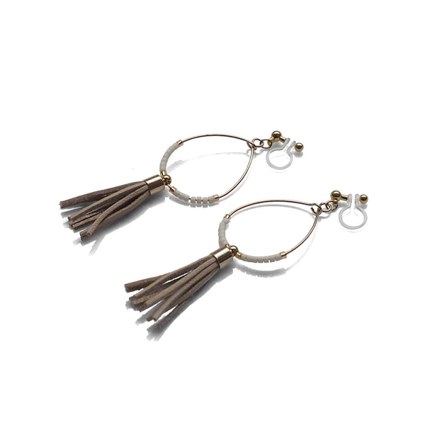 Hoop and beige tassel invisible clip on earrings ( Gold tone ) - Miyabi Grace