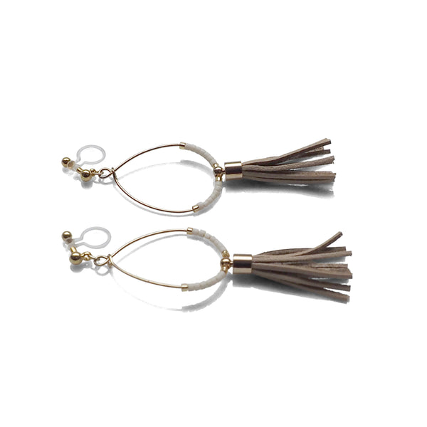 Hoop and beige tassel invisible clip on earrings ( Gold tone ) - Miyabi Grace
