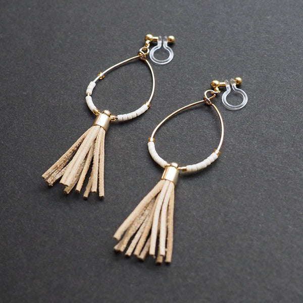 Hoop and beige tassel invisible clip on earrings ( Gold tone ) - Miyabi Grace