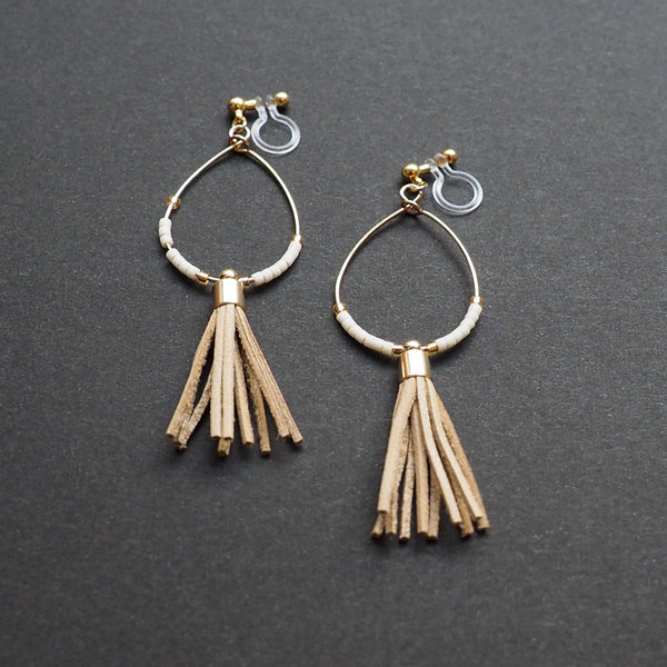 Hoop and beige tassel invisible clip on earrings ( Gold tone ) - Miyabi Grace