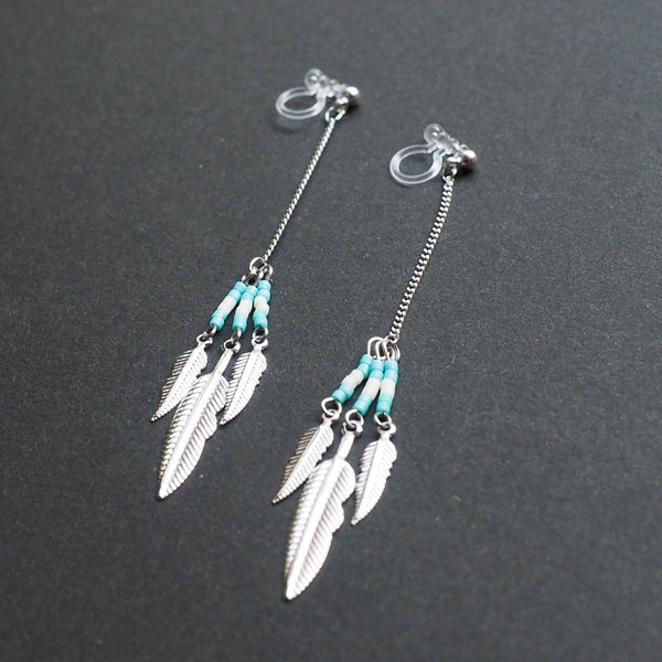 Long feather motif invisible clip on earrings ( Silver tone ) - Miyabi Grace