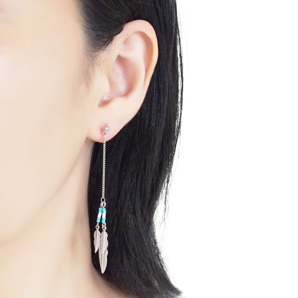 Long feather motif invisible clip on earrings ( Silver tone ) - Miyabi Grace