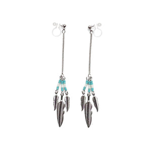 Long feather motif invisible clip on earrings ( Silver tone ) - Miyabi Grace