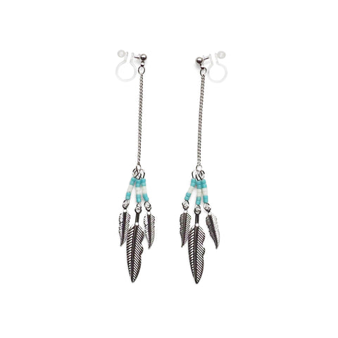 Long feather motif invisible clip on earrings ( Silver tone ) - Miyabi Grace