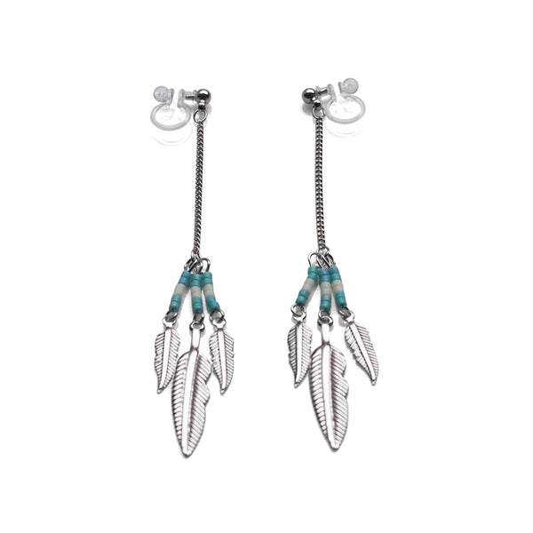 Long feather motif invisible clip on earrings ( Silver tone ) - Miyabi Grace