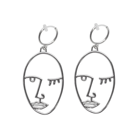 Silver Picasso human face clip on hoop earrings - Miyabi Grace