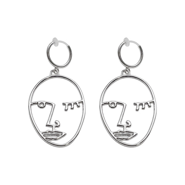 Silver Picasso human face clip on hoop earrings - Miyabi Grace