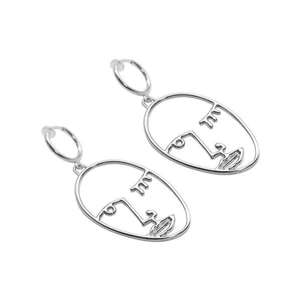 Silver Picasso human face clip on hoop earrings - Miyabi Grace