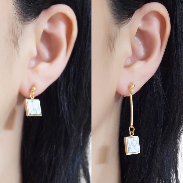Asymmetric Square Marble Faux White Stone Invisible Clip On Earrings - Miyabi Grace