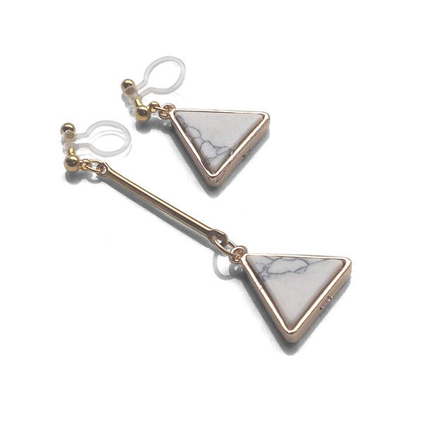 Asymmetric Triangle Marble Faux White Stone Invisible Clip On Earrings - Miyabi Grace