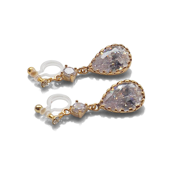 Bridal teardrop cubic zirconia crystal invisible clip on earrings ( gold tone ) - Miyabi Grace