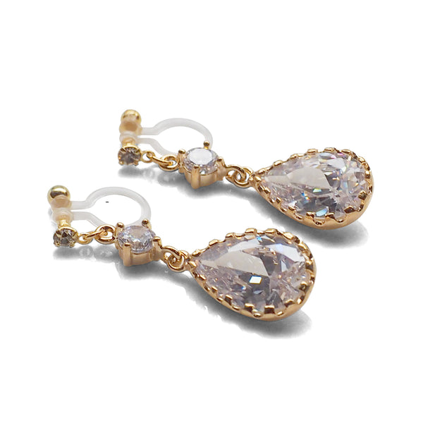 Bridal teardrop cubic zirconia crystal invisible clip on earrings ( gold tone ) - Miyabi Grace
