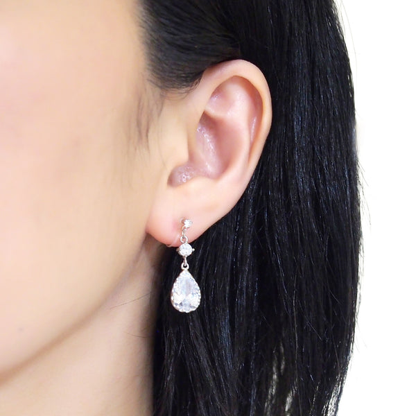 Bridal teardrop cubic zirconia crystal invisible clip on earrings ( silver tone ) - Miyabi Grace