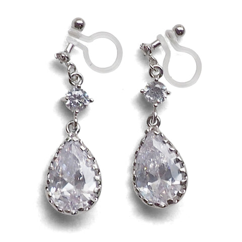 Bridal teardrop cubic zirconia crystal invisible clip on earrings ( silver tone ) - Miyabi Grace