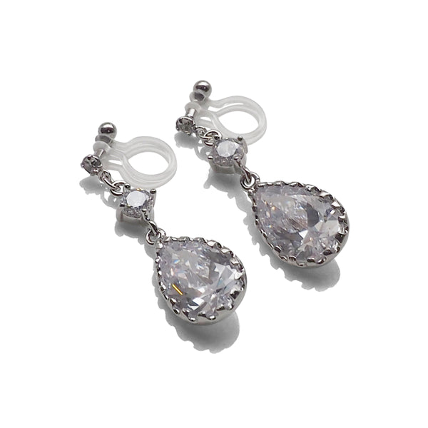 Bridal teardrop cubic zirconia crystal invisible clip on earrings ( silver tone ) - Miyabi Grace