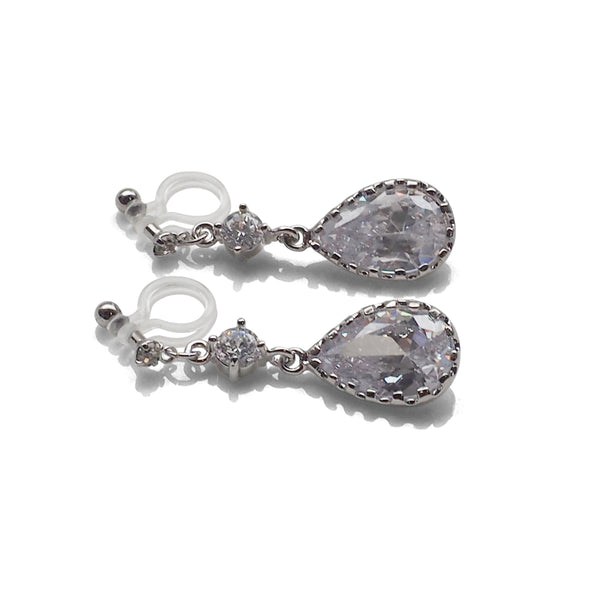 Bridal teardrop cubic zirconia crystal invisible clip on earrings ( silver tone ) - Miyabi Grace
