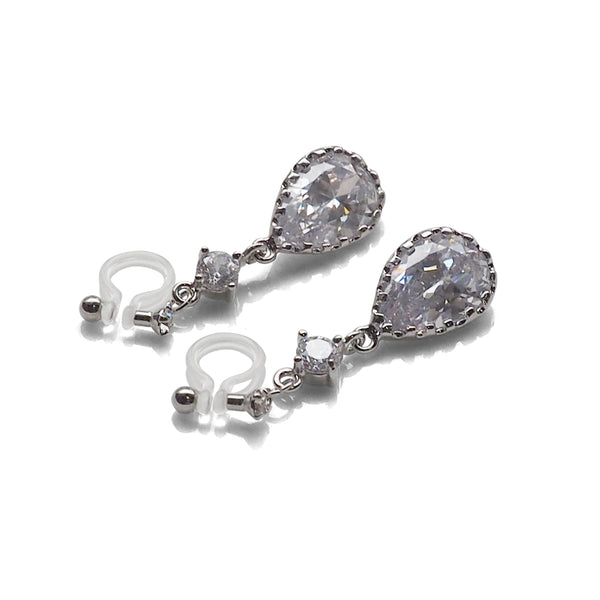 Bridal teardrop cubic zirconia crystal invisible clip on earrings ( silver tone ) - Miyabi Grace