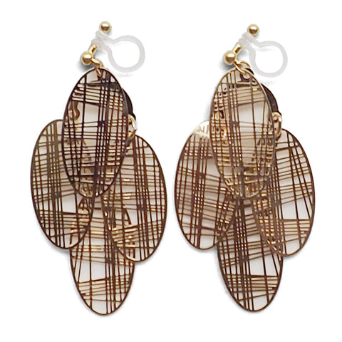 Gold gingham check filigree invisible clip on earrings - Miyabi Grace